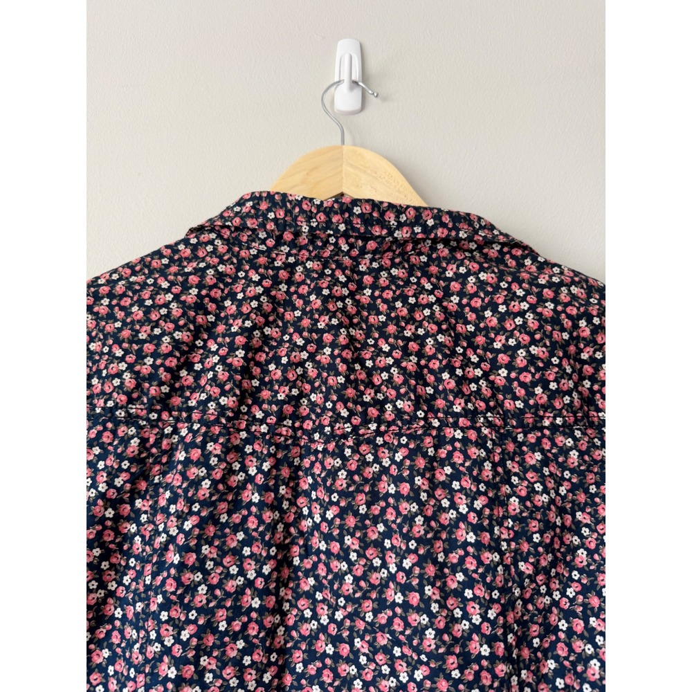 Faded Glory Navy Blue Pink Floral Button Down Shirt Roll Tab Sleeve XXL 20 - Picture 10 of 11